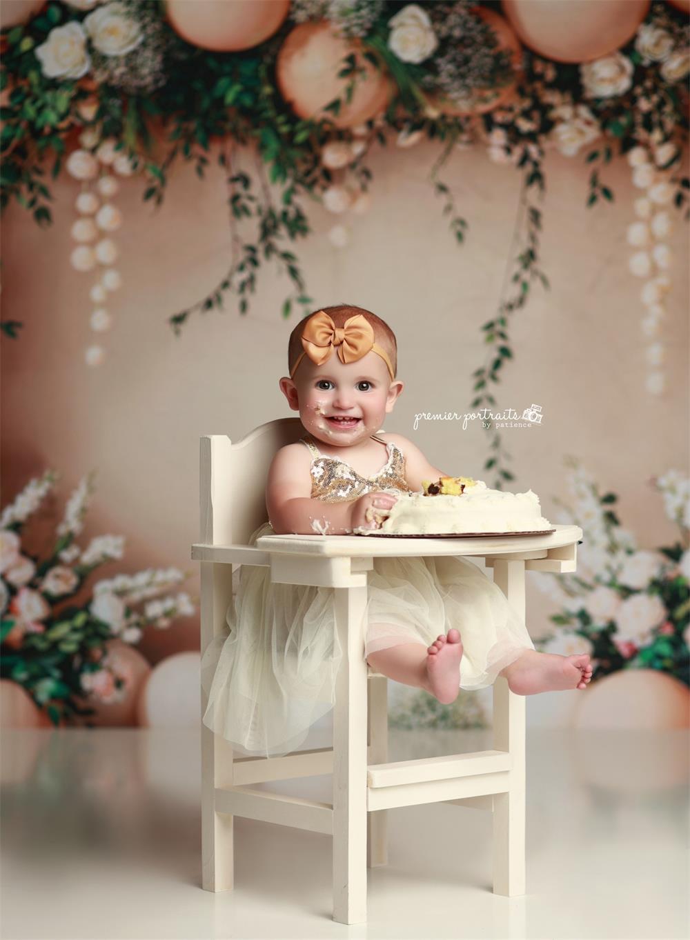 Kate Spring Cake Smash White Flower Green Plant Beige Balloon Circle Wall Backdrop Designed by Emetselch