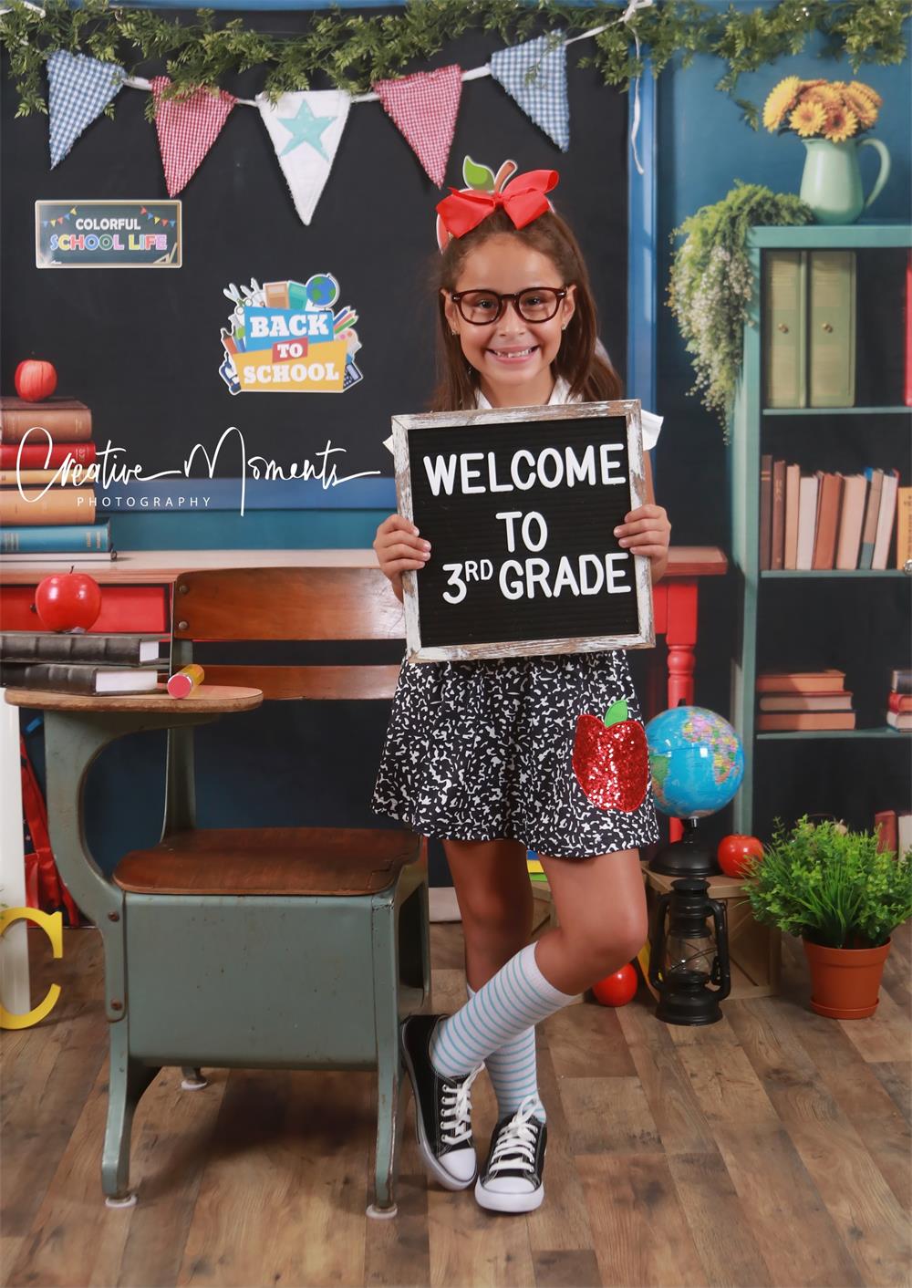 Kate Back to School Green Plant Yellow Sunflower Book Apple Globe Blackboard Backdrop Designed by Emetselch