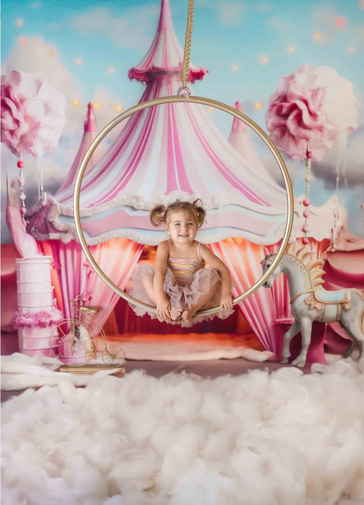 Fondo de circo de unicornio rosa de fantasía para fotografía