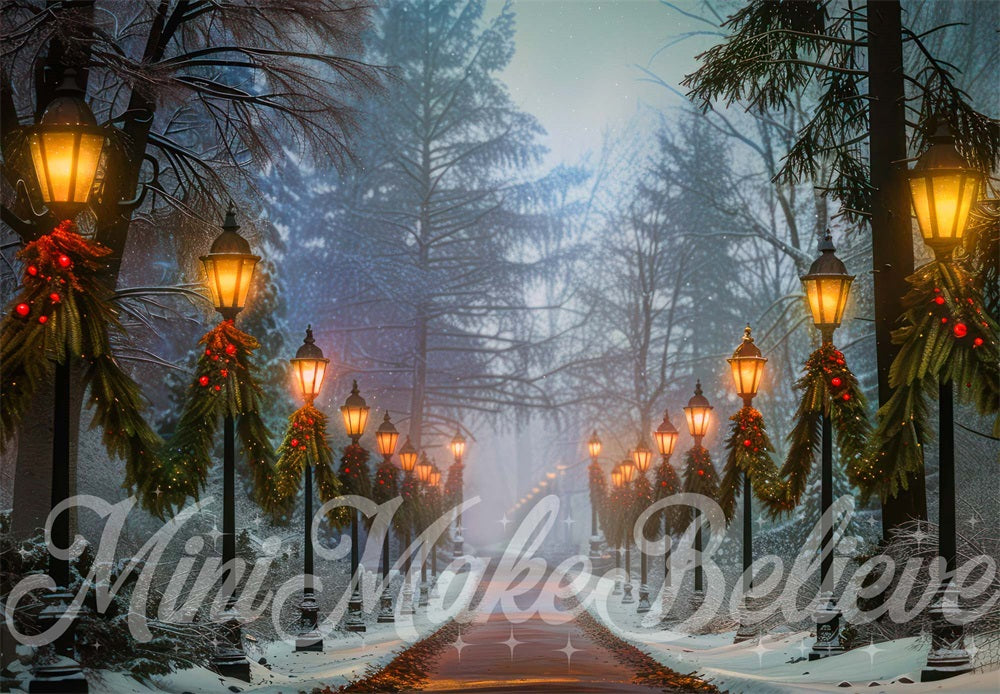 Kerst Nacht Lamp Post Bos Pad Foto Achtergrond Designed by Mini MakeBelieve