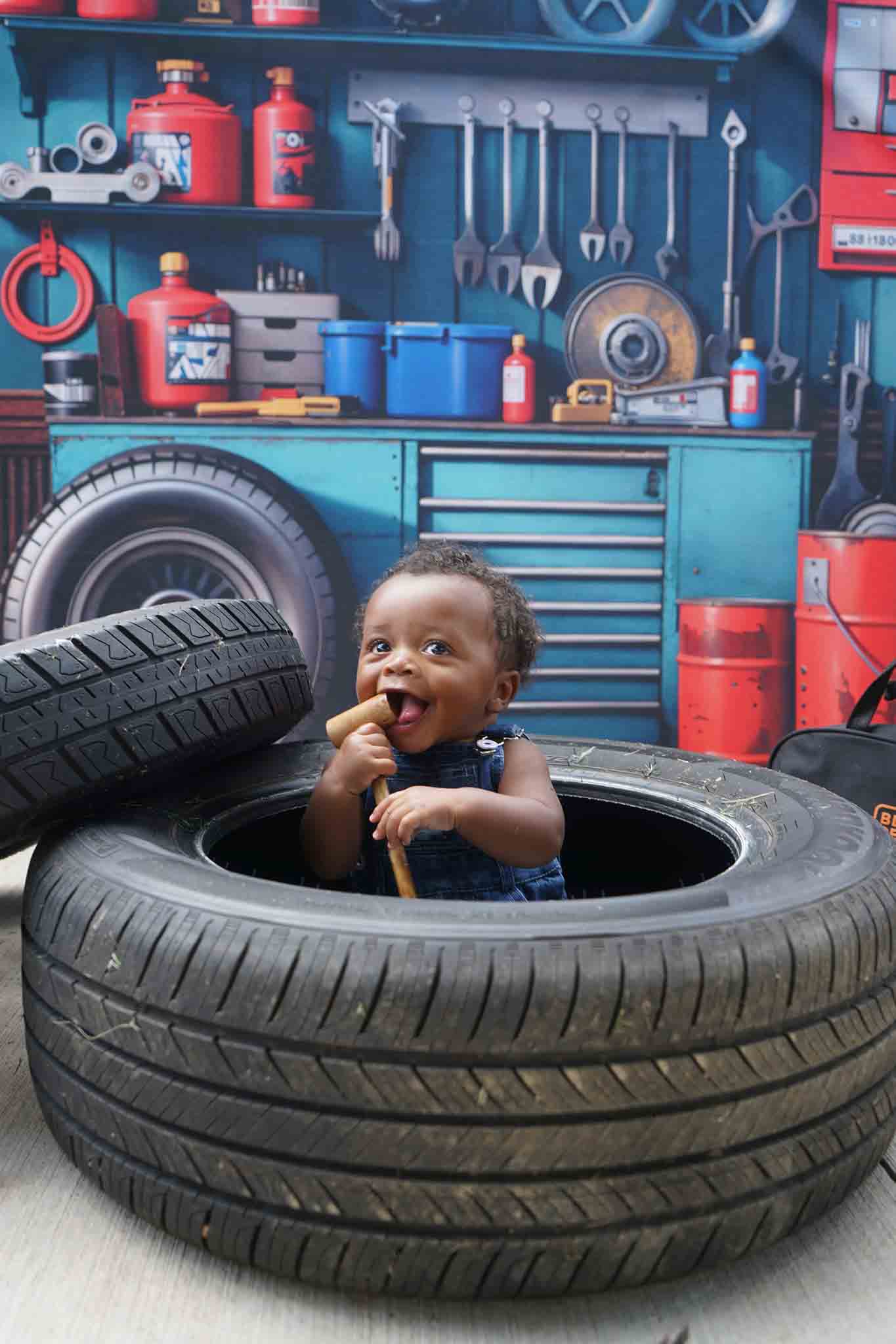 Kate Modern Tool Holder and Tires Red Tanker Garage Backdrop Designed by Emetselch