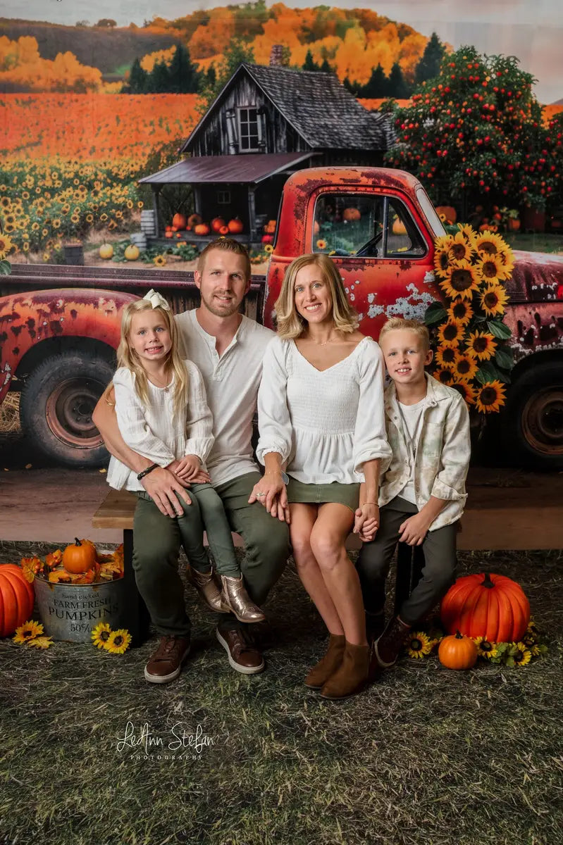 Kate Autumn Outdoor Forest Sunflower Orange Broken Truck Backdrop Designed by Mini MakeBelieve