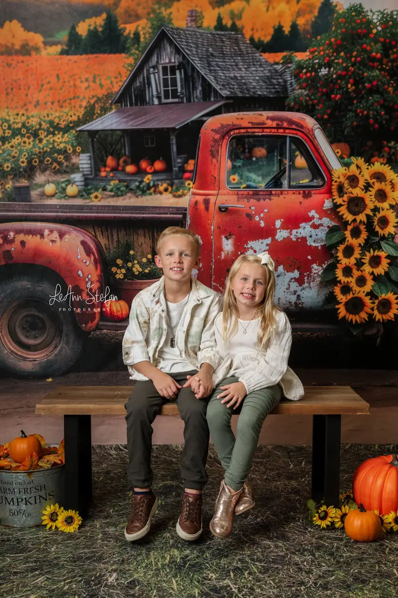 Kate Autumn Outdoor Forest Sunflower Orange Broken Truck Backdrop Designed by Mini MakeBelieve