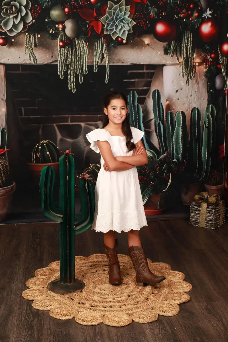 Kate Christmas Wild West Green Cactus Brick Fireplace Backdrop Designed by Patty Robert