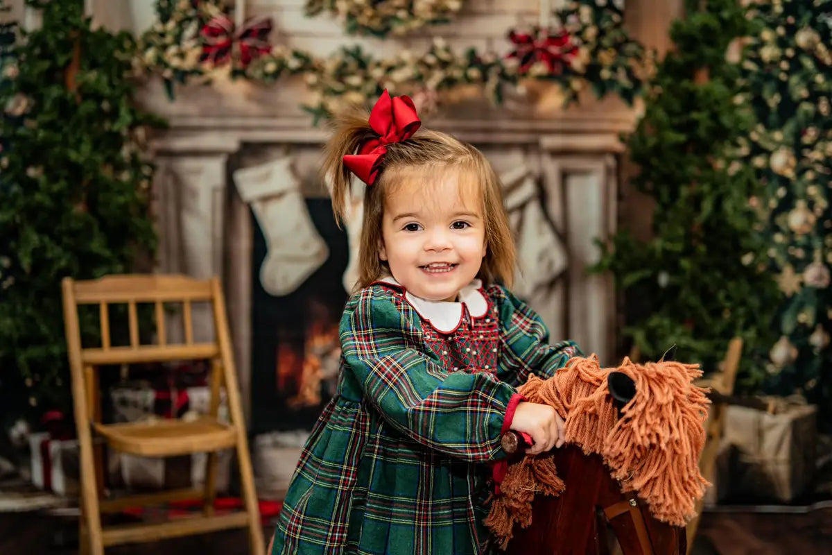 Kate Winter Christmas Tree White Retro Fireplace Backdrop+Dark Brown Wooden Floor Backdrop