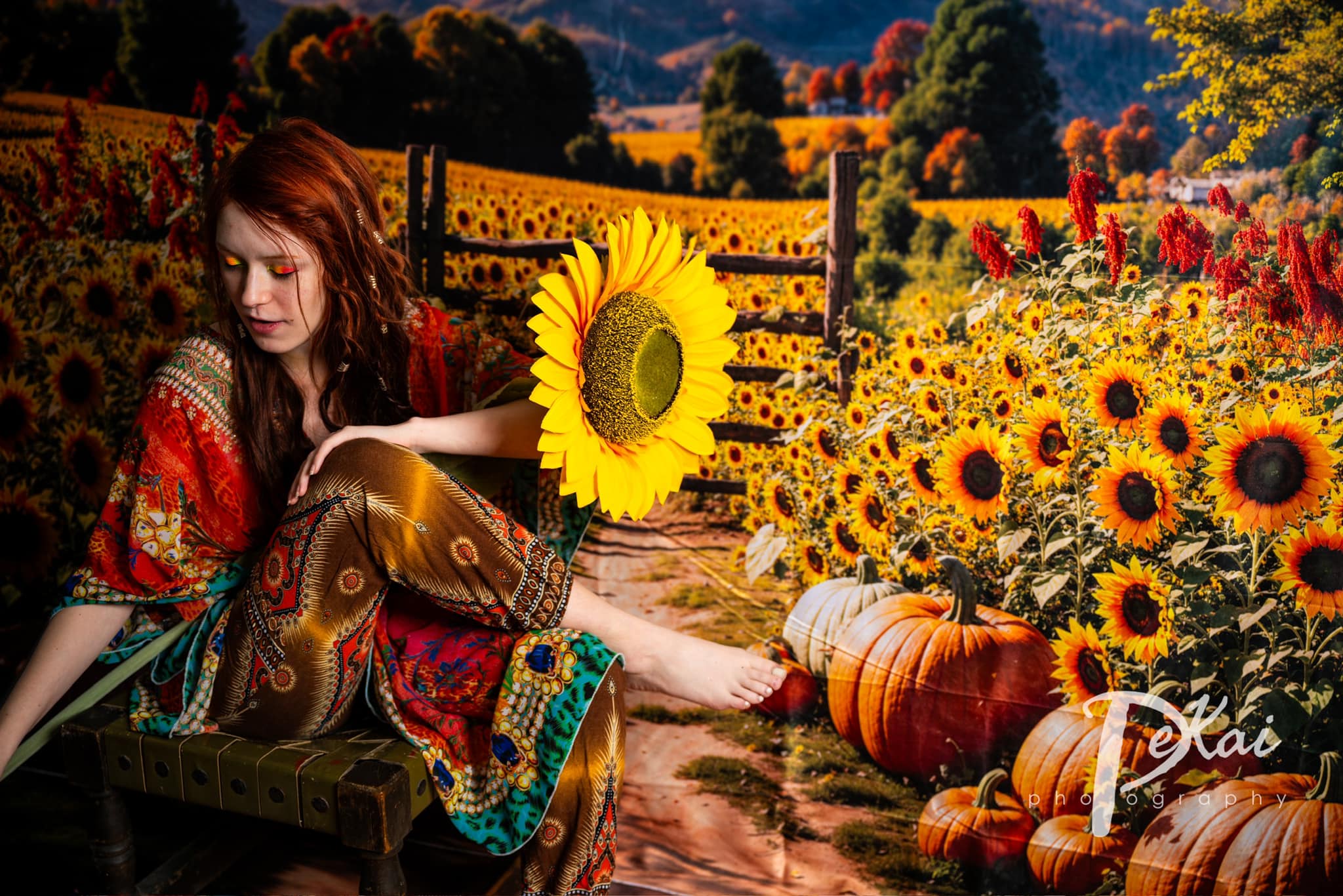 Kate Fall Sunflower Pumpkin Field Farm Backdrop+Forest Shadow Meadow Path Floor Backdrop