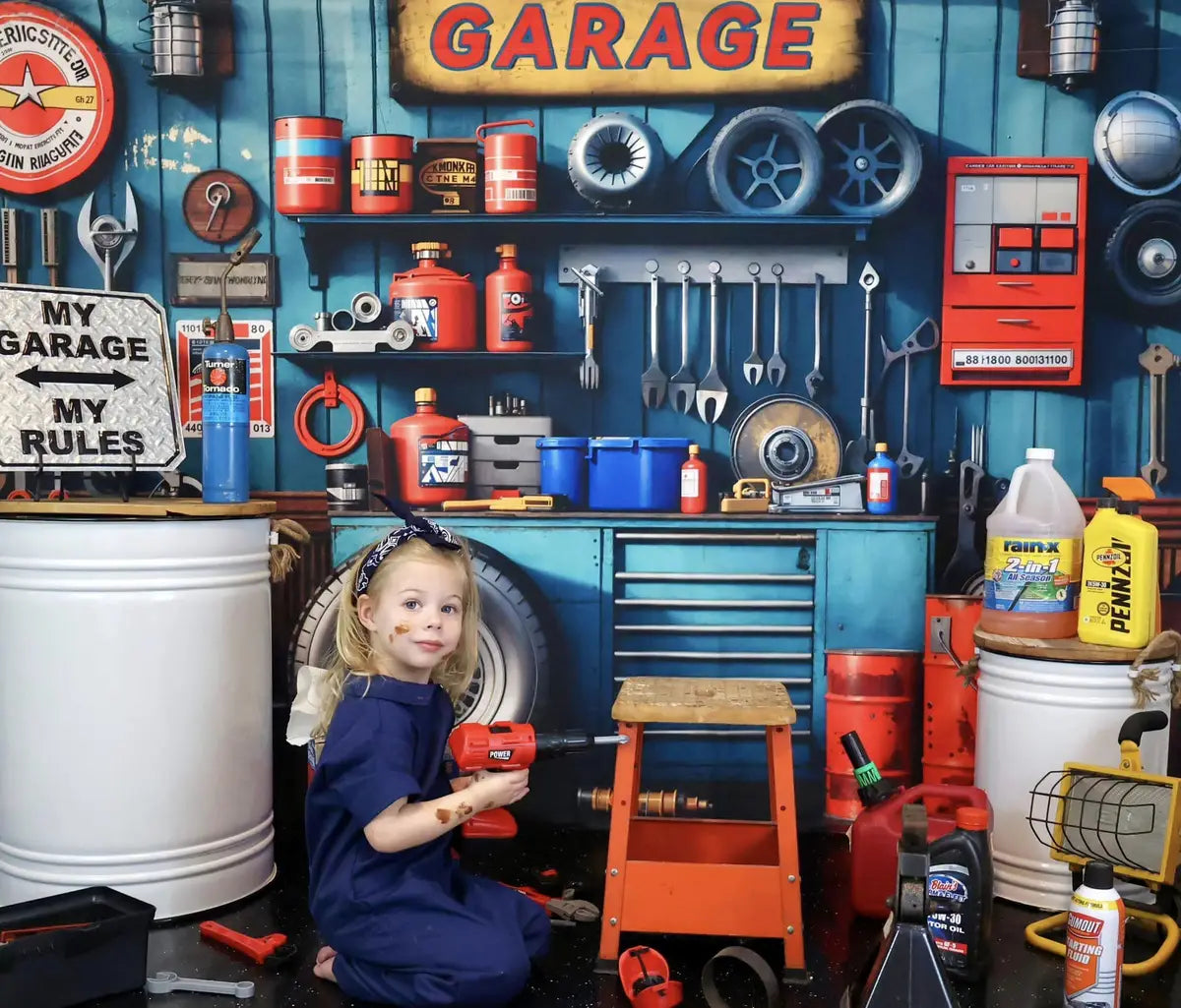 Kate Modern Tool Holder and Tires Red Tanker Garage Backdrop Designed by Emetselch