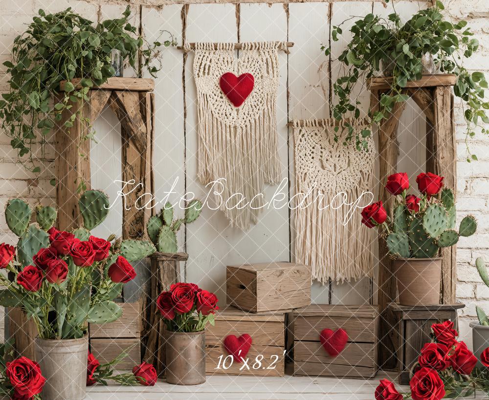 Kate Boho Roses Cactus Macrame White Brick Wall Backdrop Designed by Emetselch