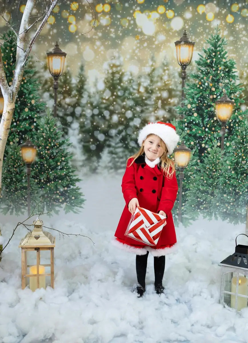 Fondo de luces de bosque nevado de Navidad para fotografía