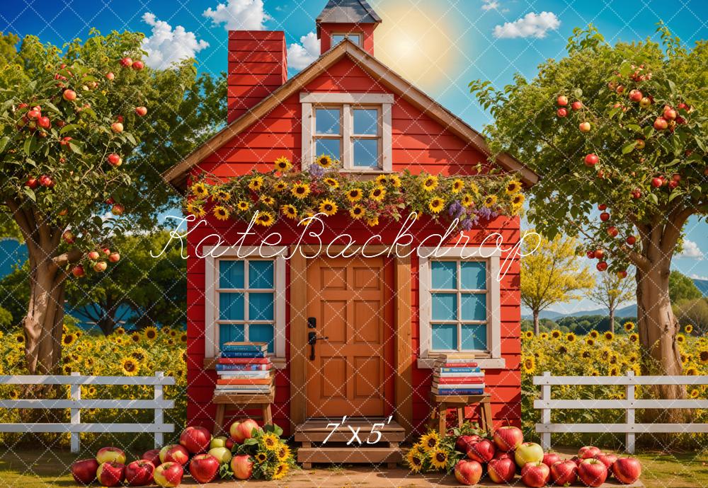 Kate Back to School Sunflower Apple Orchard Red House Backdrop Designed by Chain Photography