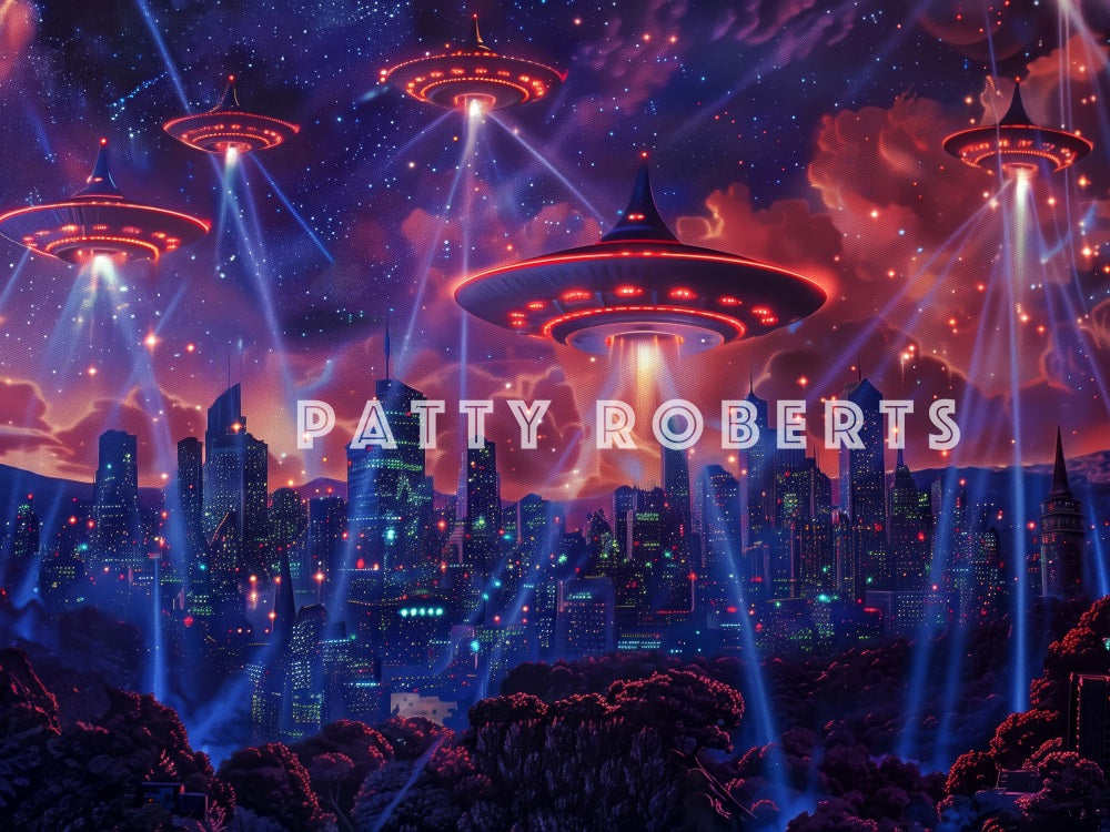 Fondo de Invasión de UFO de Estrellas Púrpuras Oscuras de la Ciudad Diseñado por Patty Robert