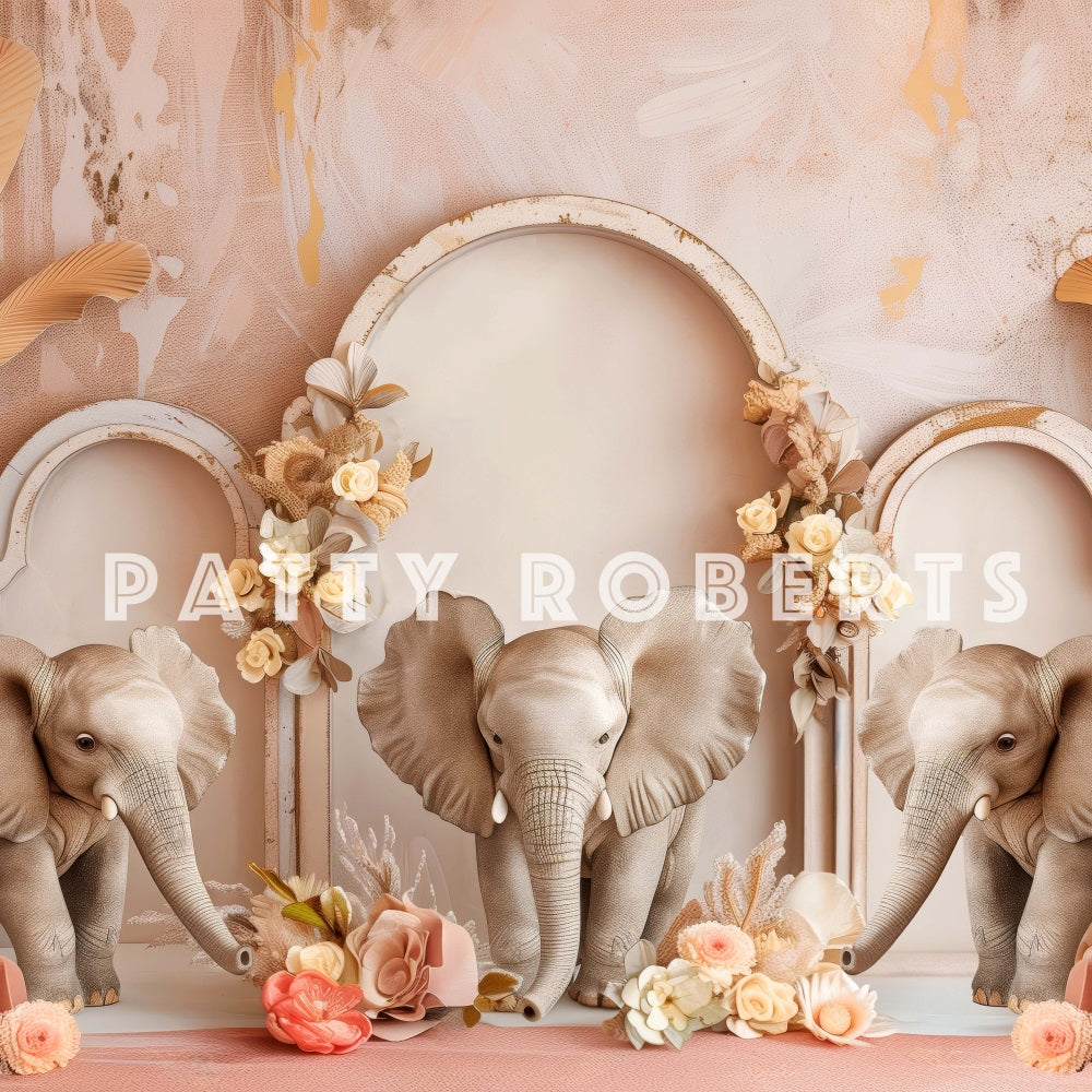 Kate Boho Elephant Pink Retro Arch Wall Backdrop Designed by Patty Robert