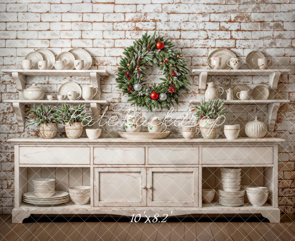 Kate Christmas White Cabinet Brick Wall Wreath Backdrop Designed by Emetselch