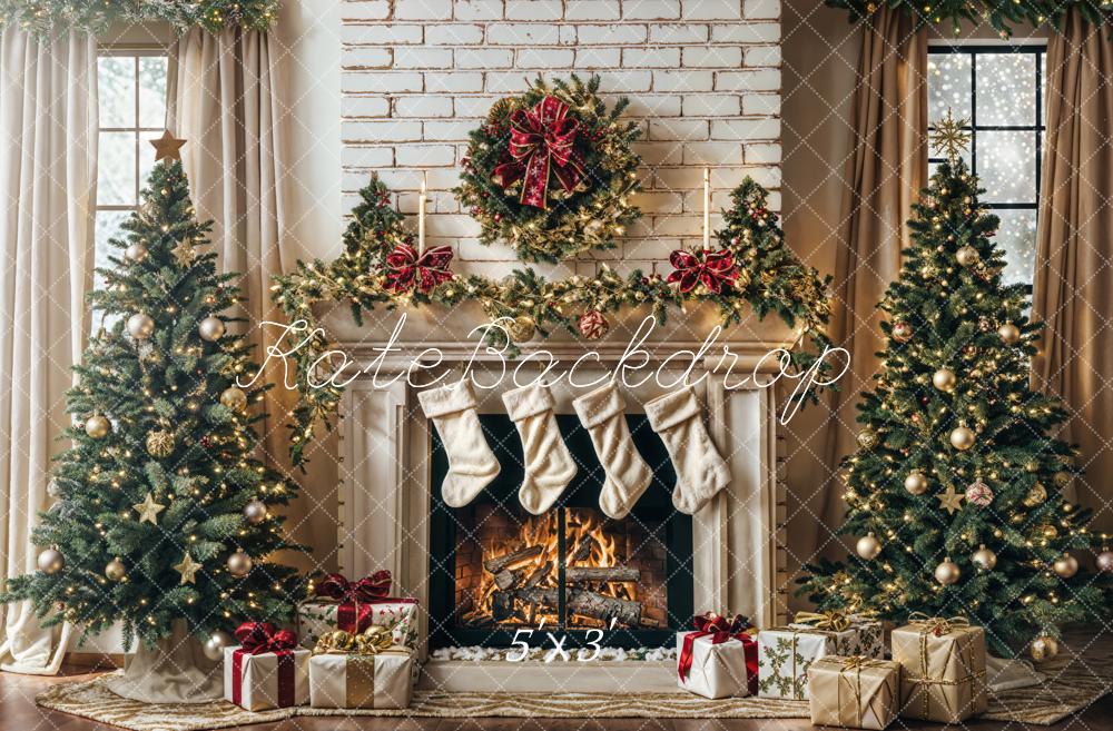 Kate Winter Christmas Tree White Retro Fireplace Backdrop Designed by Emetselch