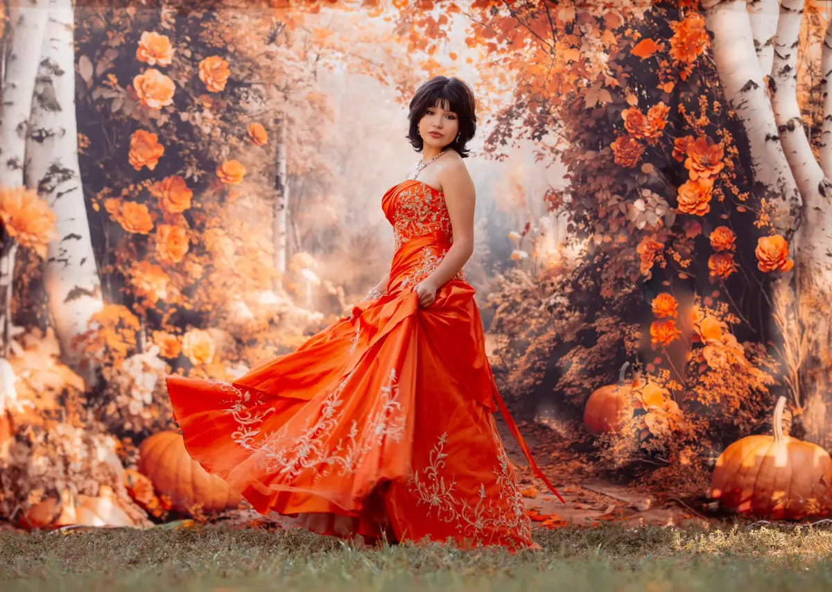 Kate Fall Maple Forest Flowers Pumpkin Backdrop Designed by Emetselch