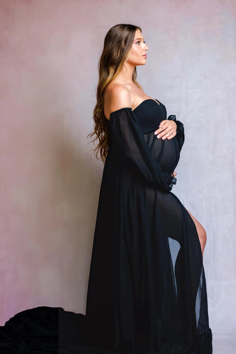 Kate Grey Long Sleeve Satin Maternity Photoshoot Dress