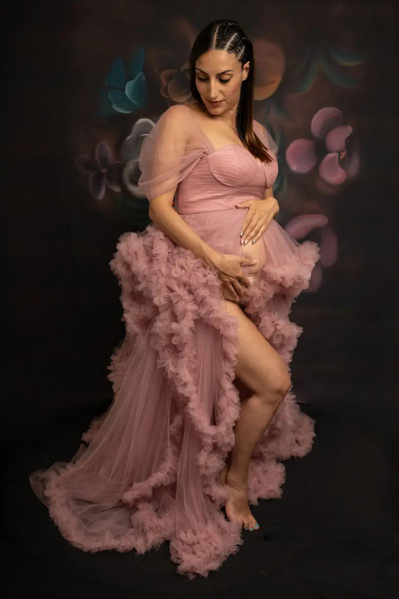 Kate One Shoulder Mesh Pink Maternity Photoshoot Dress