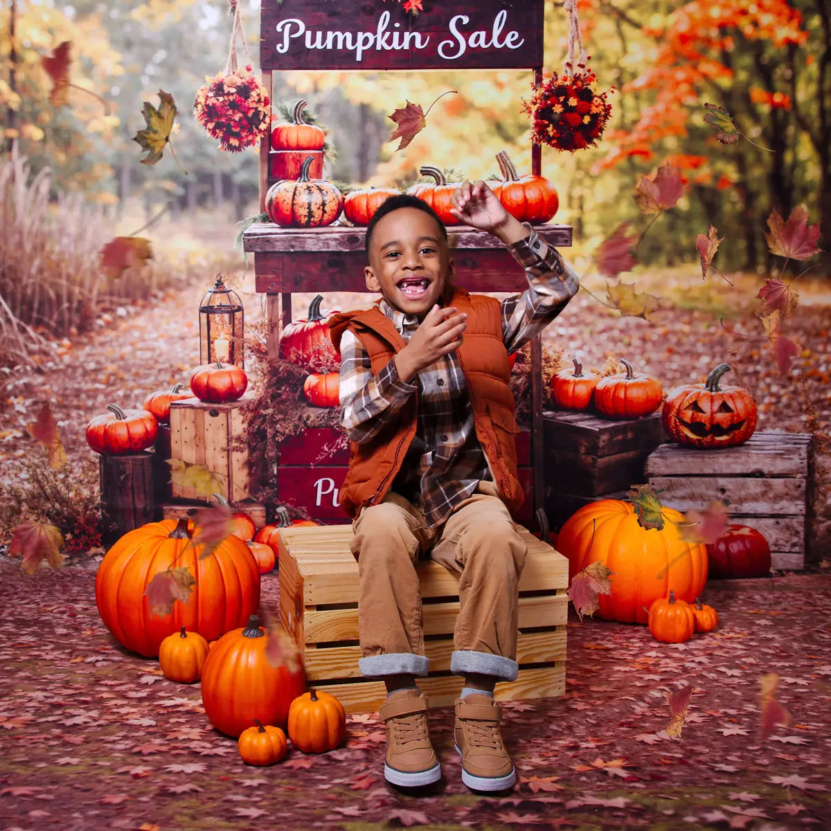 Kate Autumn Forest Halloween Pumpkin Sale Stand Backdrop+Autumn Forest Yellow Maple Leaves Wet Meadow Floor Backdrop