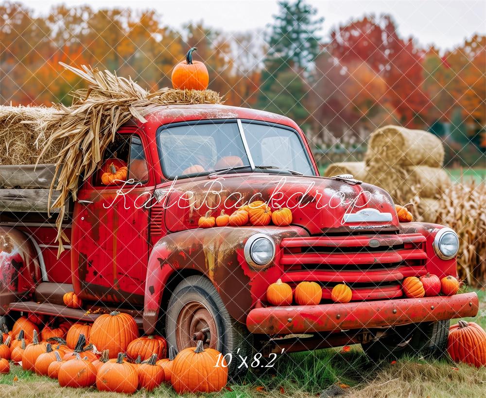 Kate Fall Rustic Red Pickup With Pumpkins Backdrop Designed by Patty Robert