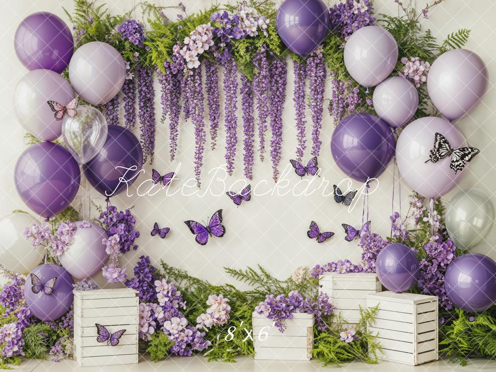 Kate Cake Smash Purple Balloon Floral Butterflies Backdrop Designed by Emetselch