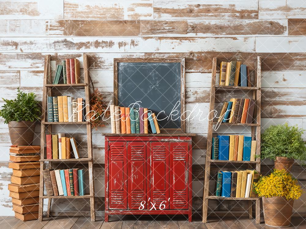 Kate Back to School Bookshelf Red Locker Blackboard Backdrop Designed by Emetselch