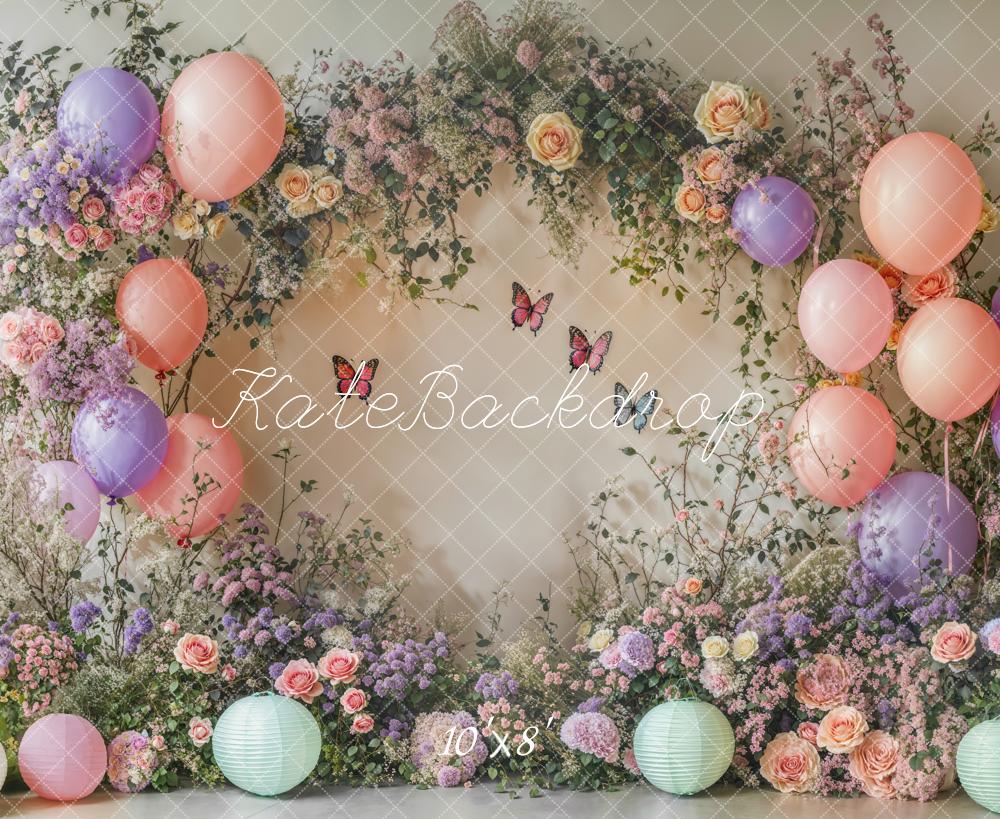 Arco de flores de primavera con globos y mariposas fondo diseñado por Emetselch