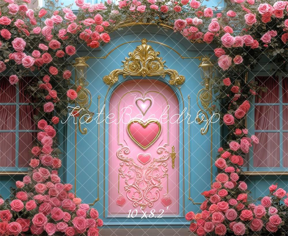 Valentine Pink Door Floral Arch Foto Achtergrond Designed by Mini MakeBelieve