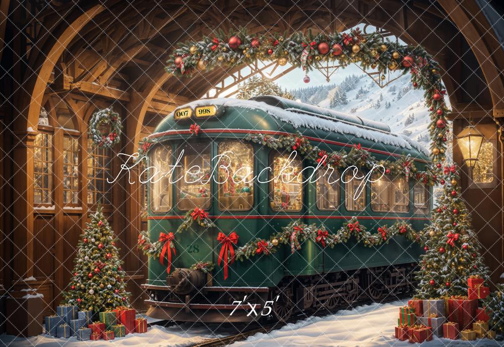 Kate Christmas Tree Arch Green Retro Train Backdrop Designed by Emetselch