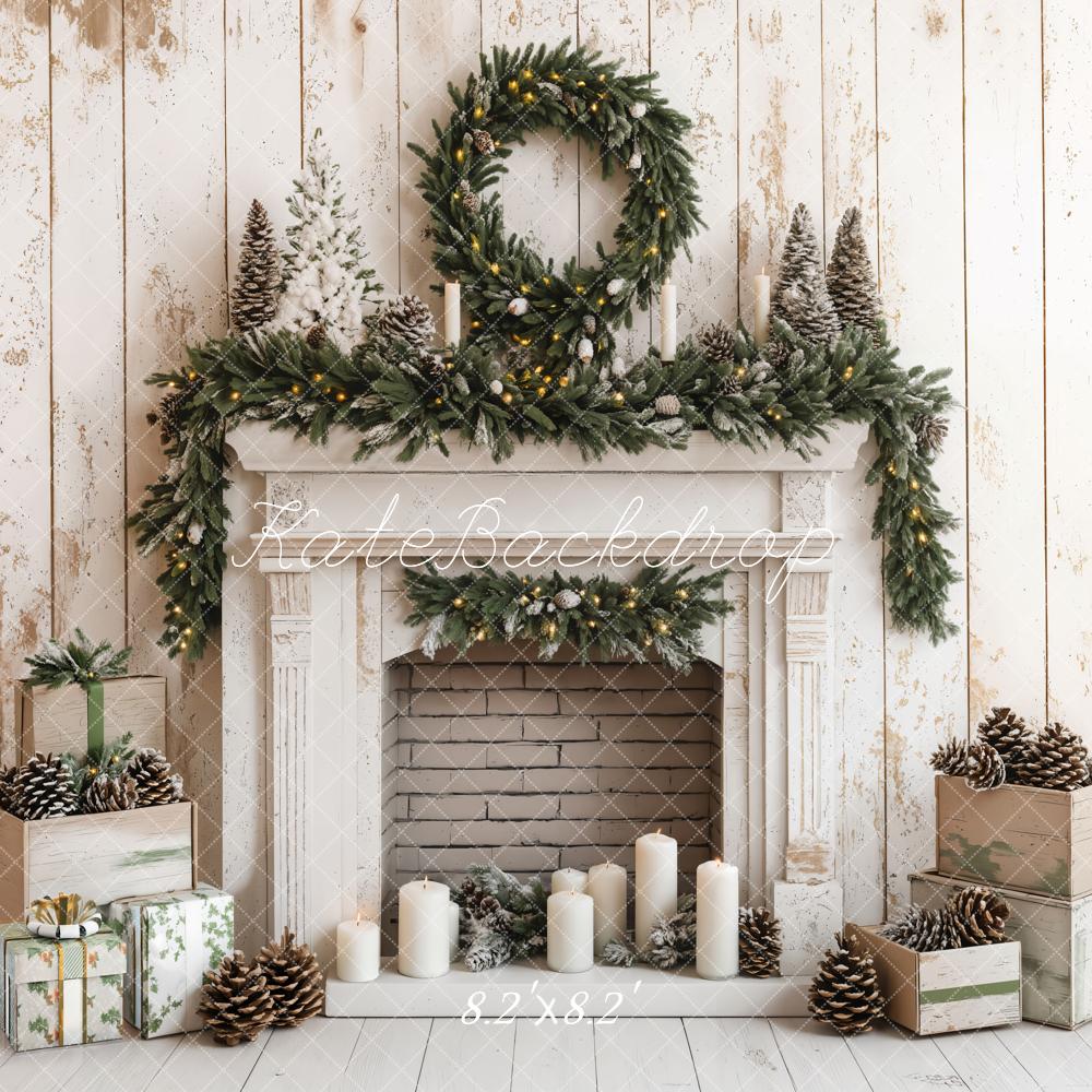 Kate Christmas Fireplace White Wood Wall Backdrop Designed by Emetselch