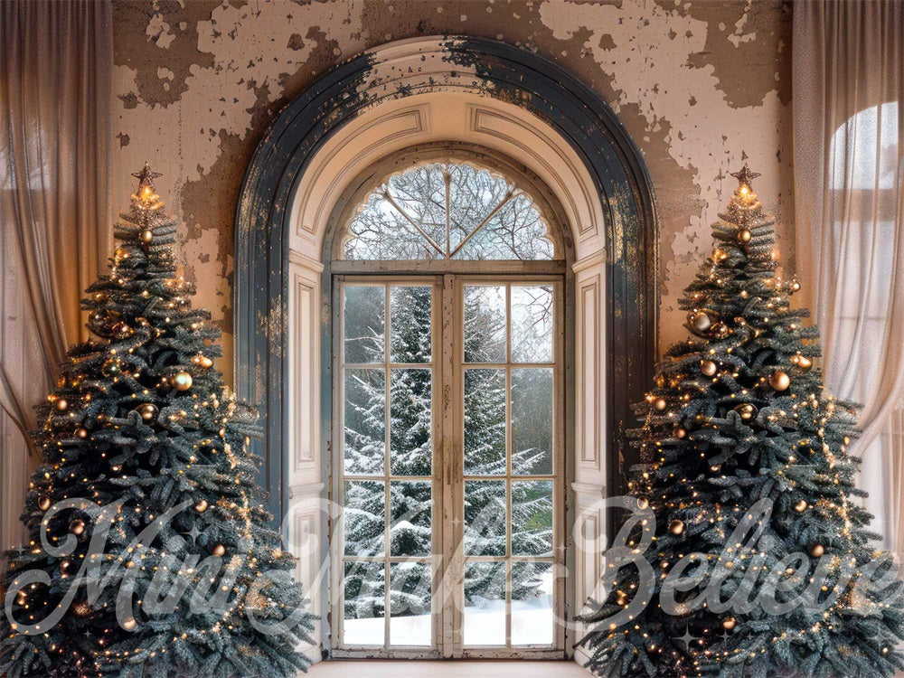 Kate Christmas White Curtain Gray Retro Arched Window Backdrop Designed by Mini MakeBelieve
