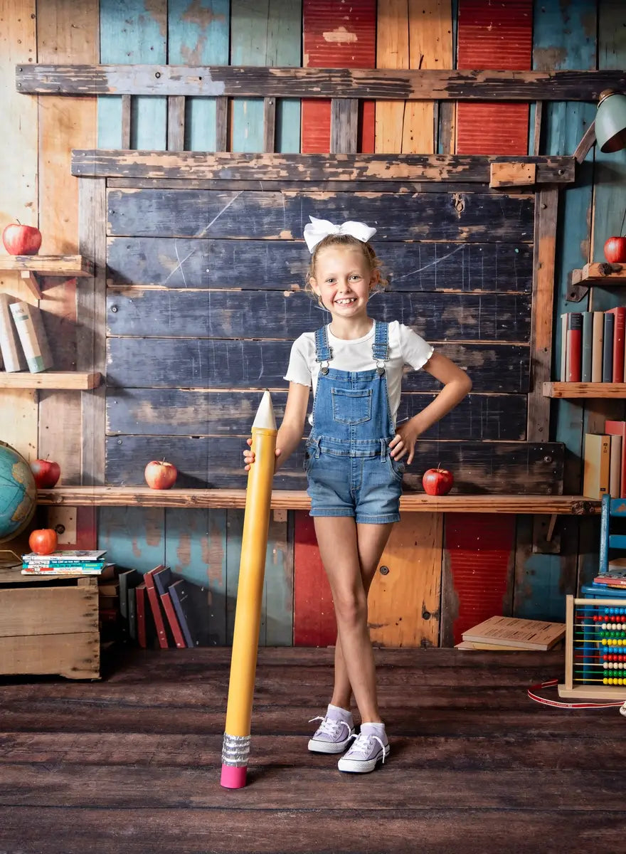 Kate Pet Back to School Bookshelf Dark Brown Wooden Blackboard Backdrop Designed by Emetselch