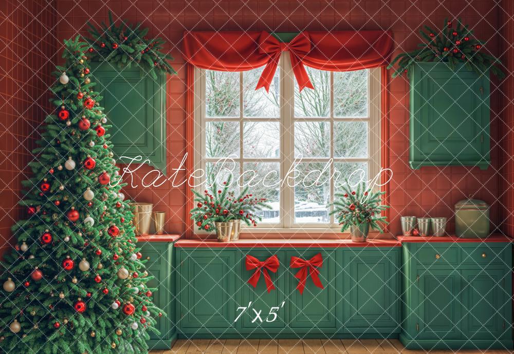 Kate Christmas Tree Kitchen Green Cabinets Red Wall Backdrop Designed by Emetselch