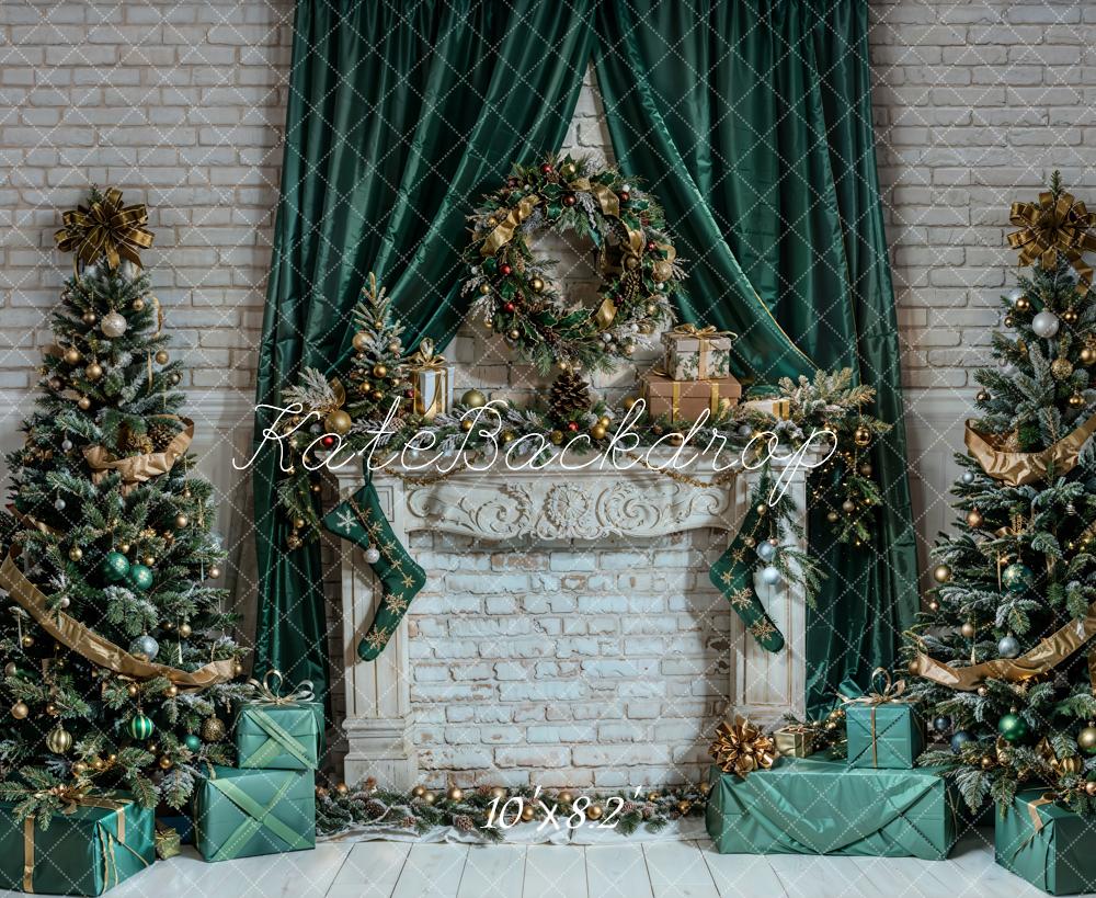 Kerst Wit Retro Bloemen Bakstenen Openhaard Foto Achtergrond 
