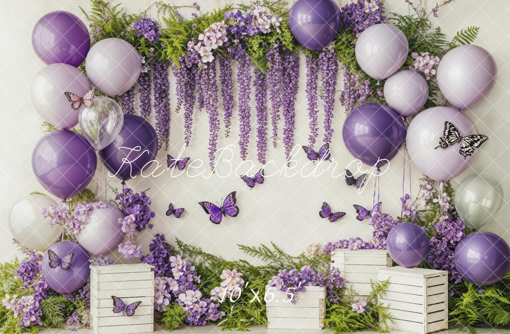 Kate Cake Smash Purple Balloon Floral Butterflies Backdrop Designed by Emetselch