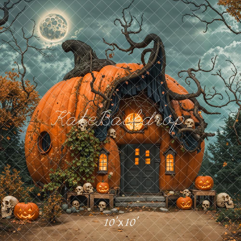 Kate Halloween Night Dark Forest Orange Magical Pumpkin House Backdrop Designed by Emetselch