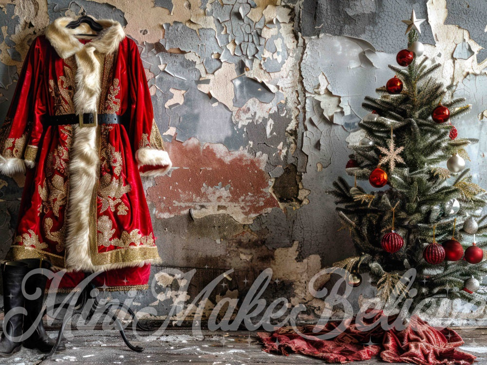 Kate Christmas Interior Shabby Santa Coat Gray Wall Backdrop Designed by Mini MakeBelieve