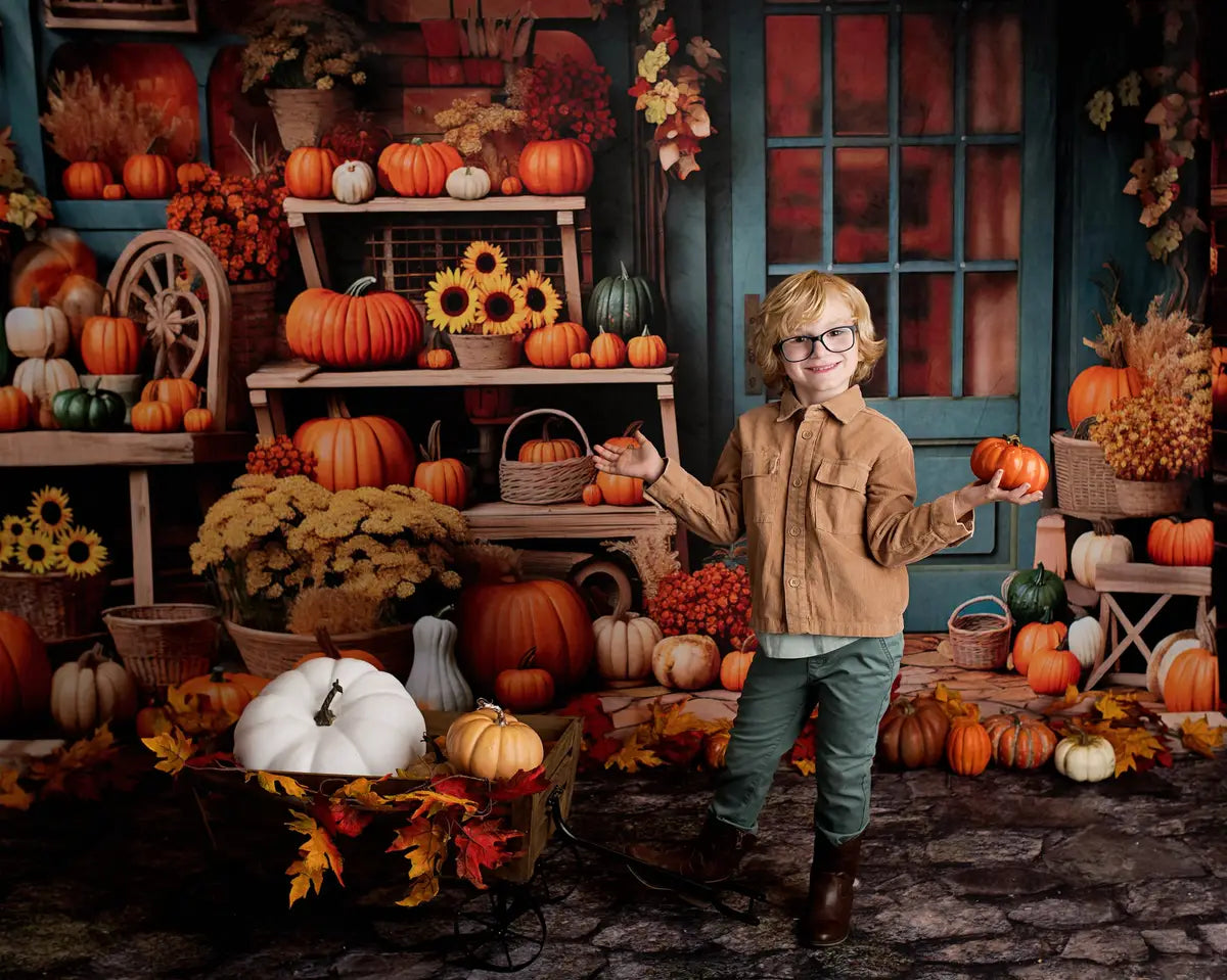 Kate Autumn Pumpkin Store Blue Backdrop Designed by Emetselch