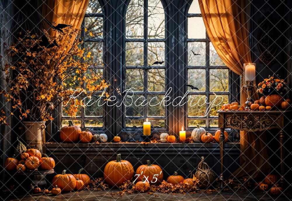 Autumn Halloween Pumpkin Black Arched Window Backdrop Designed by Emetselch