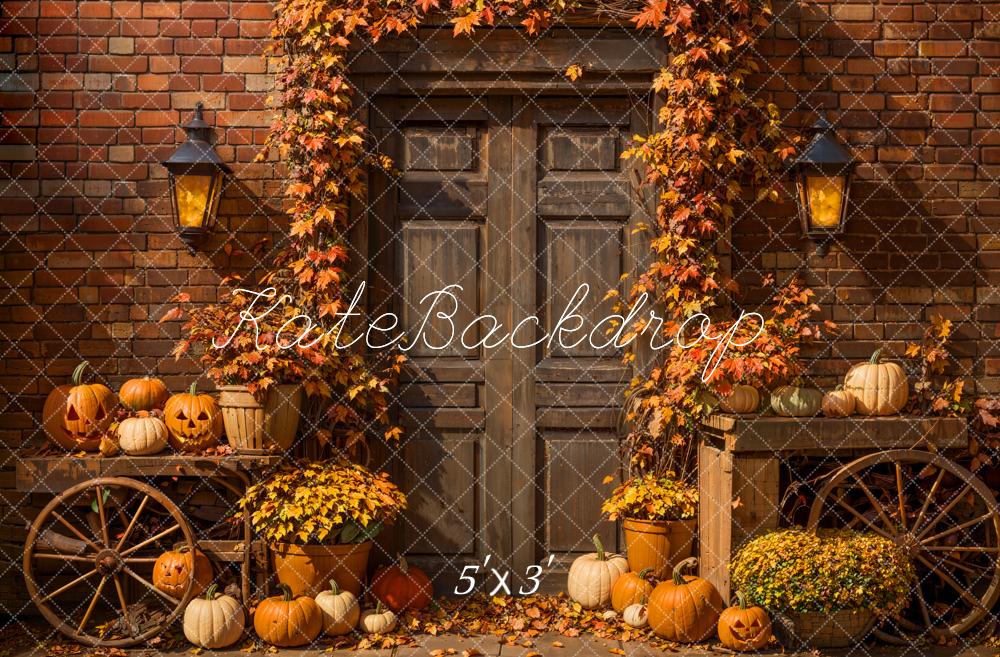 Kate Autumn Halloween Maple Leaf Brown Wood Door Backdrop Designed by Emetselch