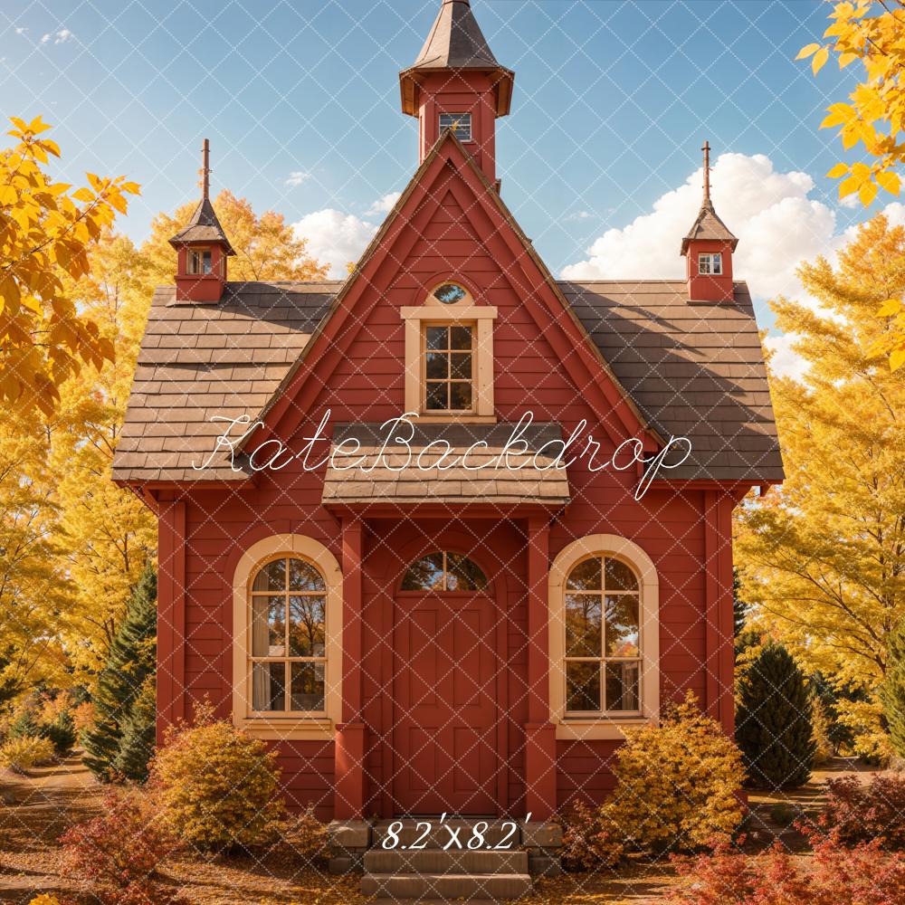 Kate Back to School Fall Forest Retro Red House Backdrop Designed by Emetselch