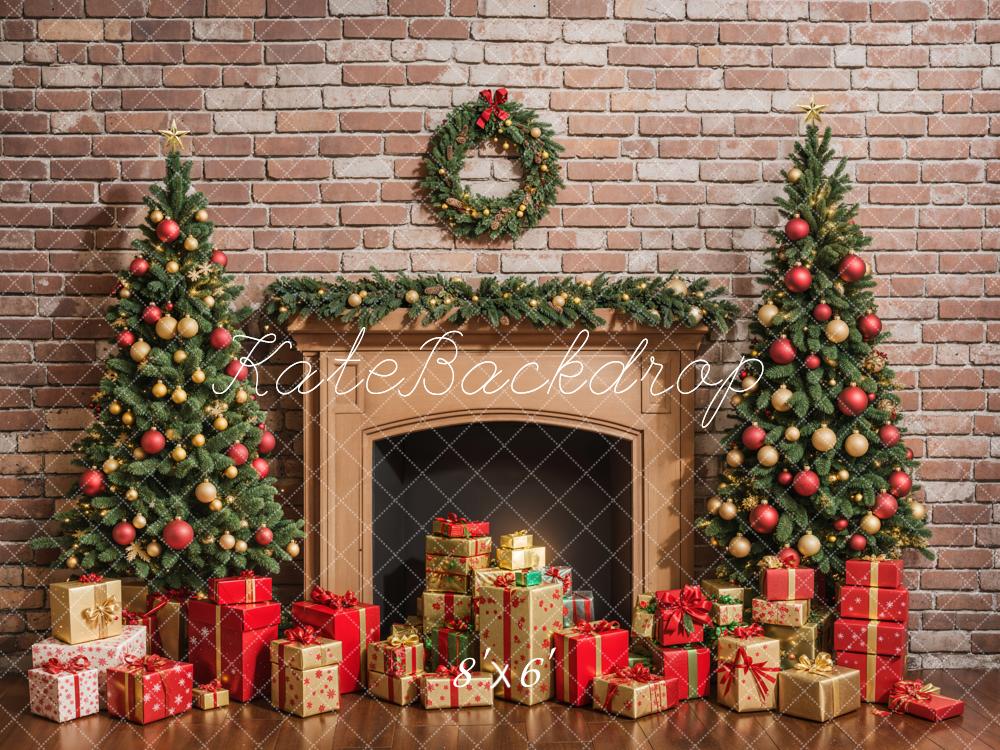 Kate Christmas Brown Fireplace Red Brick Wall Backdrop Designed by Emetselch