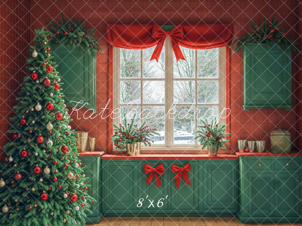 Kate Christmas Tree Kitchen Green Cabinets Red Wall Backdrop Designed by Emetselch