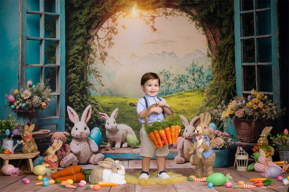 Fondo de ventana de conejo de Pascua para fotografía