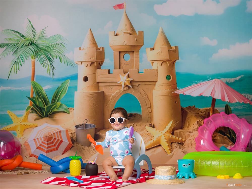 Kate Summer Sea Parasol Starfish Seashell Retro Sand Castle Backdrop Designed by Chain Photography