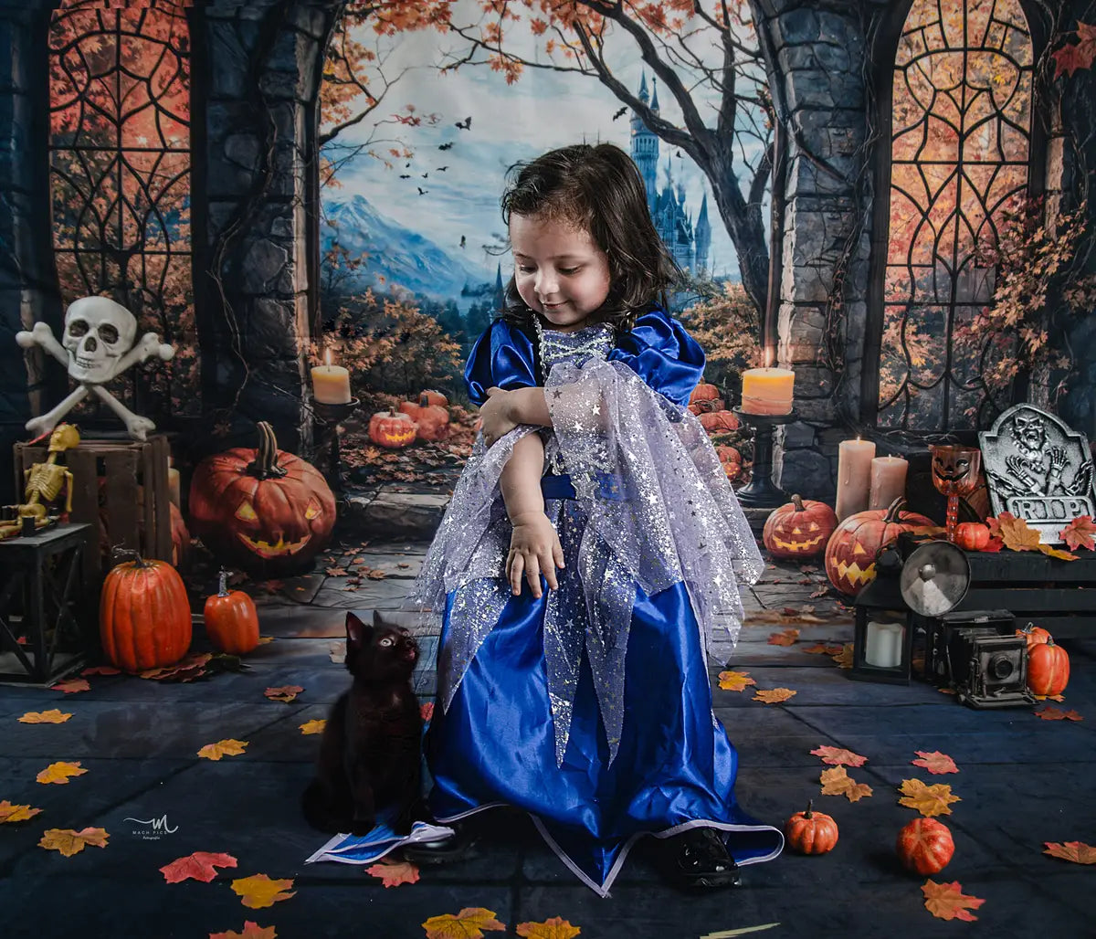 Kate Halloween Arch Maple Castle Pumpkin Backdrop+Stone Pavement Floor Backdrop