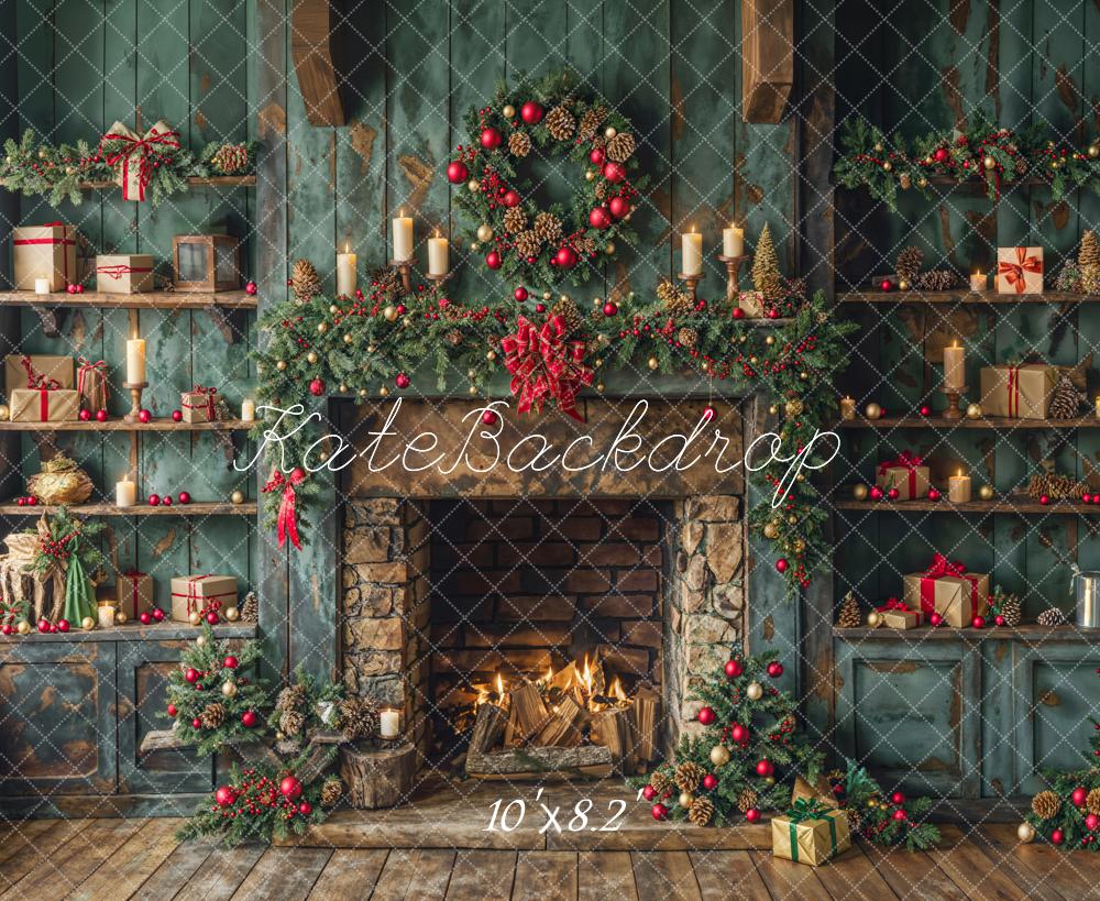 Kate Christmas Green Retro Cabinets Fireplace Backdrop Designed by Emetselch