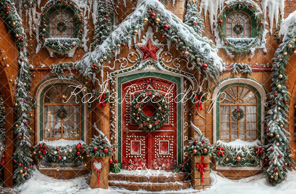 Kate Christmas Red Star Brown Gingerbread House Backdrop Designed by Emetselch