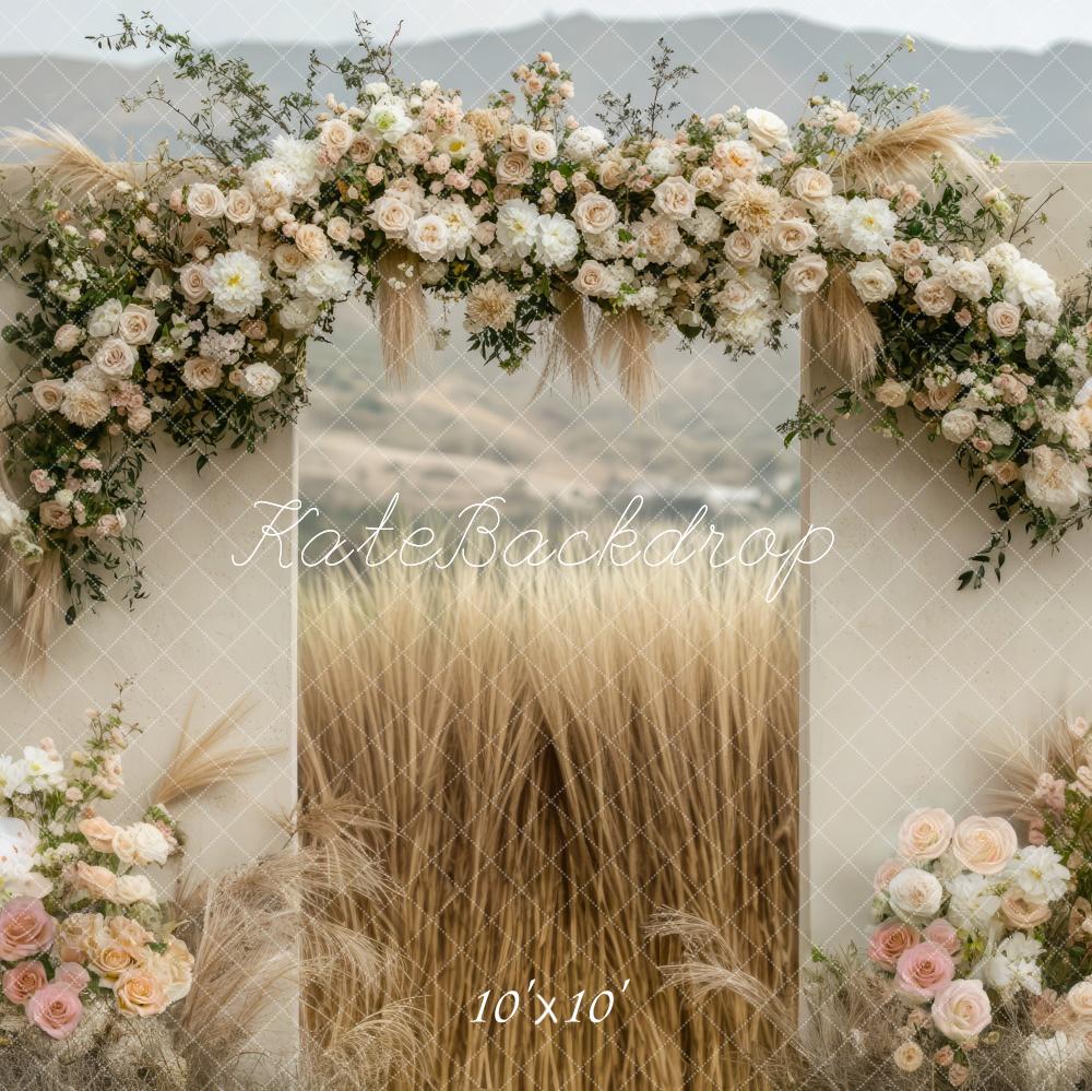 Kate Boho Flower Arch Wheat Field Backdrop Designed by Mini MakeBelieve