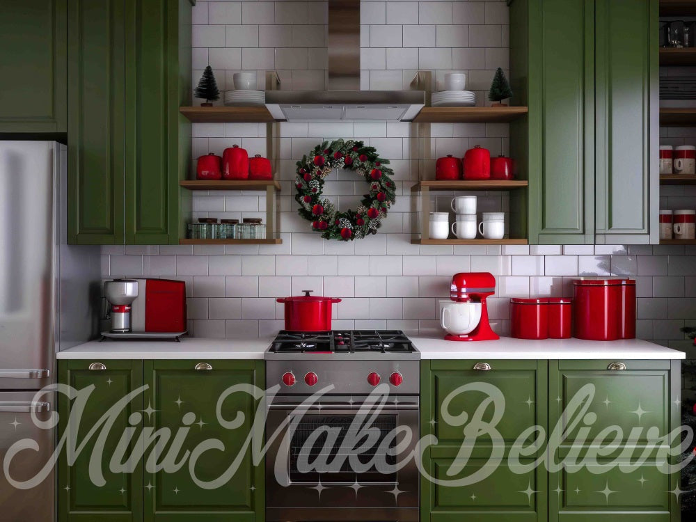 Kate Christmas Vintage Green Kitchen White Brick Wall Backdrop Designed by Mini MakeBelieve