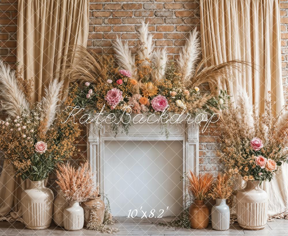 Kate Boho Floral Fireplace Curtain Beige Backdrop Designed by Emetselch